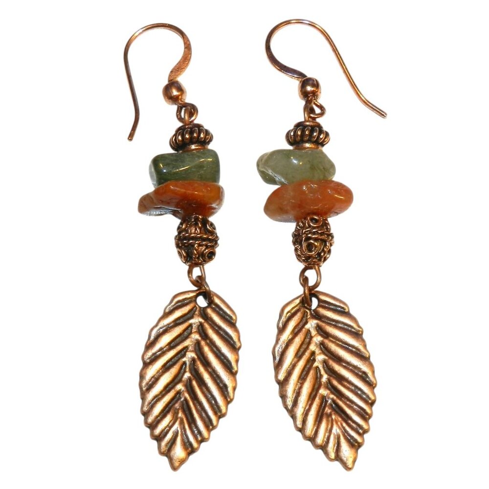 Handmade New Lodolite Quartz, Garnet Gemstone w Copper Dangle Earrings CF111